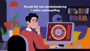 En illustrasjon av en mann som sitter ved en datamaskin med et forvirret uttrykk