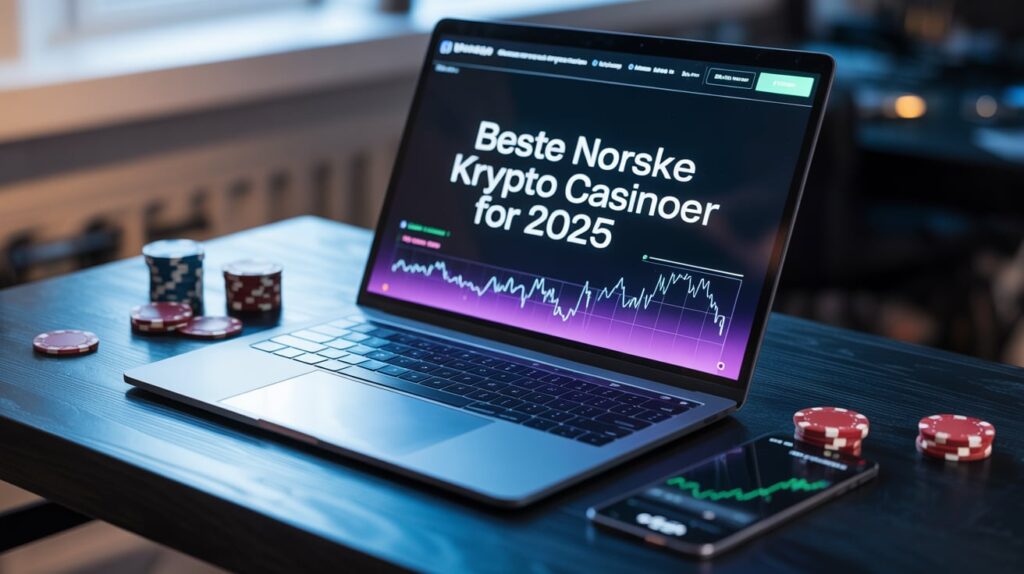 Et fotografi av en elegant, moderne bærbar PC som viser en nettside med teksten "Beste Norske Krypto Casinoer for 2025