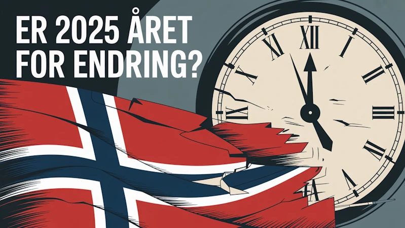 En dramatisk plakatillustrasjon som viser en stilisert fremstilling av det norske flagget subtilt oppdelt,
