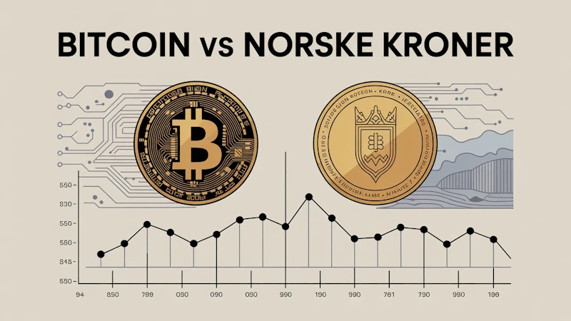 En moderne infografikkplakat som sammenligner Bitcoin og norske kroner.