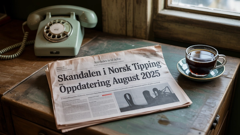 Et fotografi av en avisoverskrift som proklamerer «Skandale i norsk tipping»