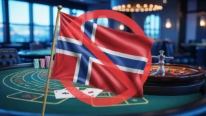 Et fotorealistisk bilde av et norsk flagg som vaier forsiktig i forgrunnen med et uskarpt kasinomiljø i bakgrunnen.