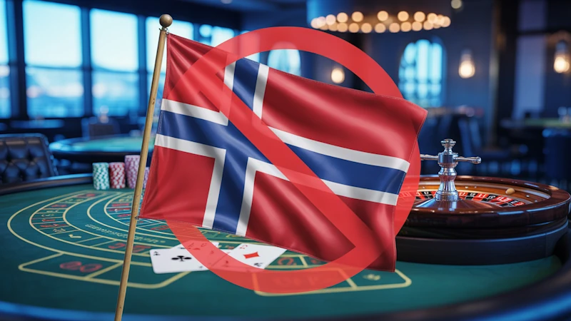 Et fotorealistisk bilde av et norsk flagg som vaier forsiktig i forgrunnen med et uskarpt kasinomiljø i bakgrunnen.