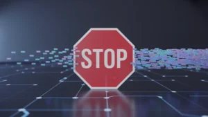 En minimalistisk digital illustrasjon som viser et stort rødt åttekantet stoppskilt